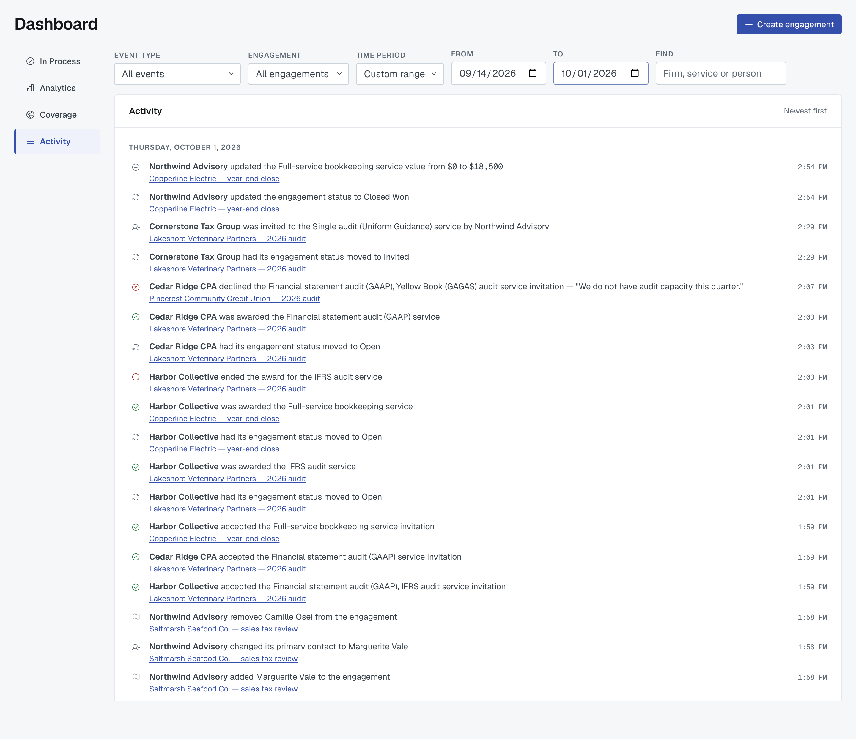 The Activity view with Time period set to Custom range, the From and To boxes showing, and the day-grouped feed underneath