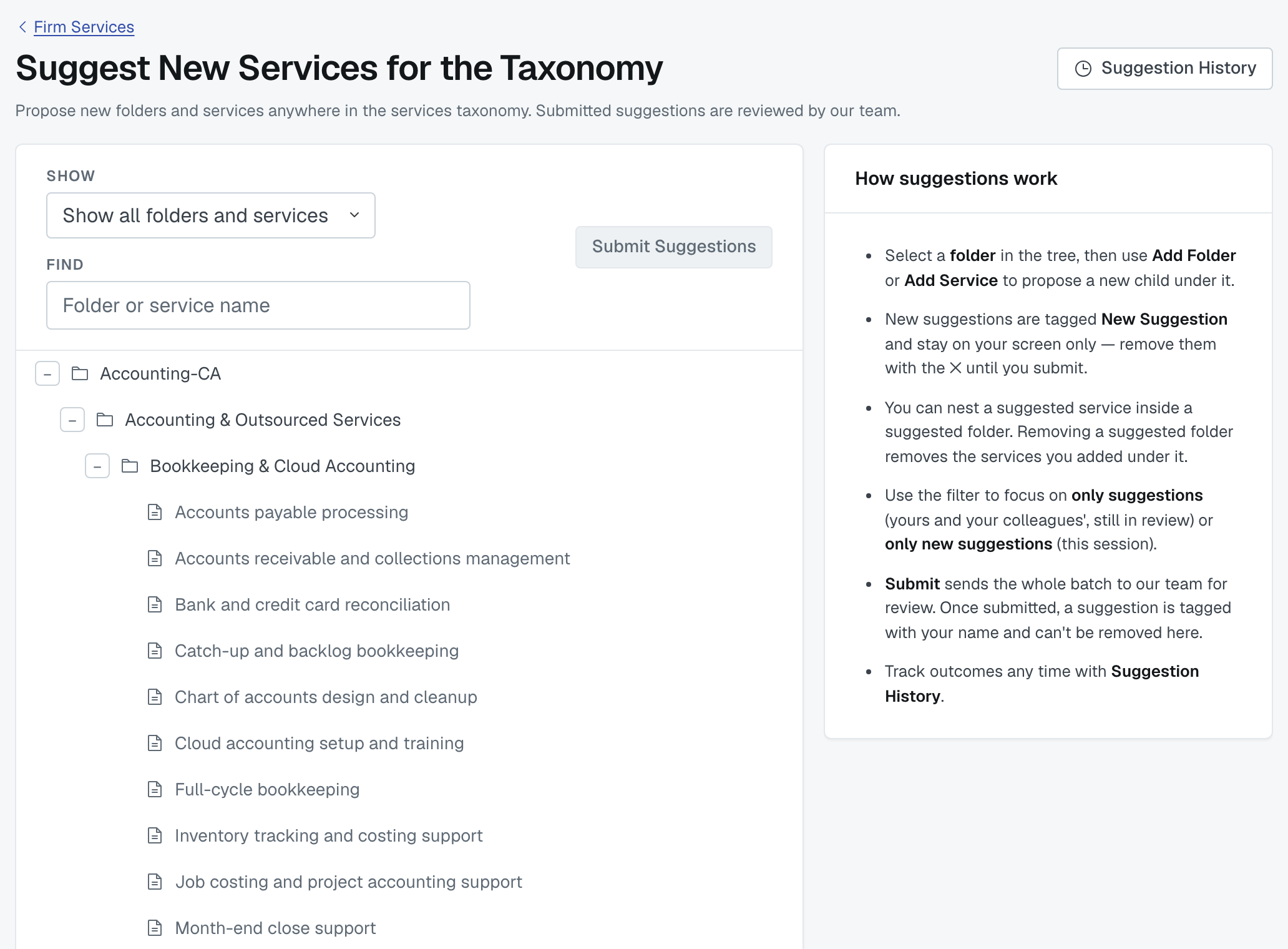 Browsing the taxonomy to place a suggestion