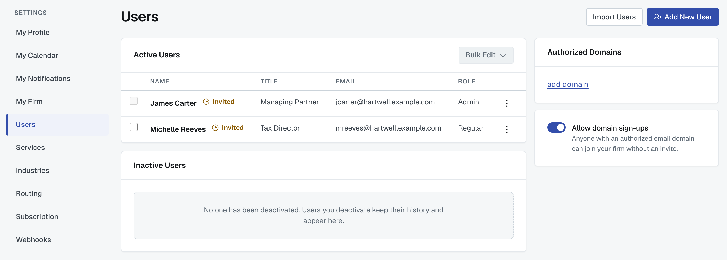 The Users page: Active Users with name, title, email, role and a ⋮ menu on each row, Bulk Edit, Import Users and Add New User, beside Authorized Domains