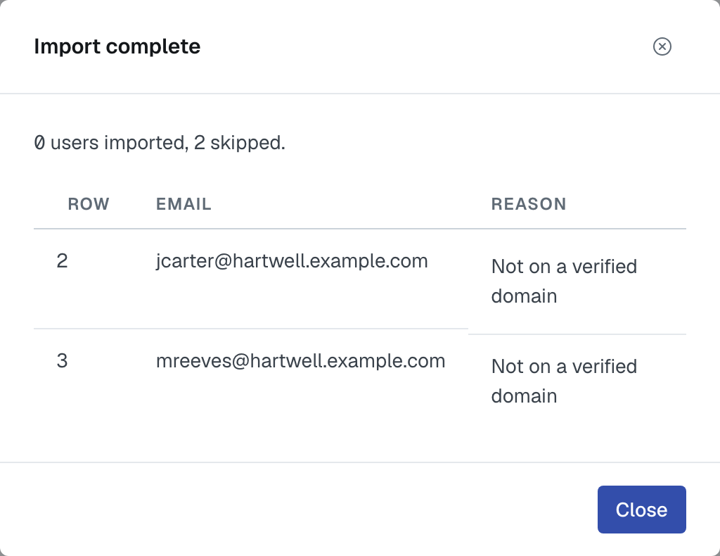 The Import complete result listing the skipped rows with their row number, email and reason, and its single Close button