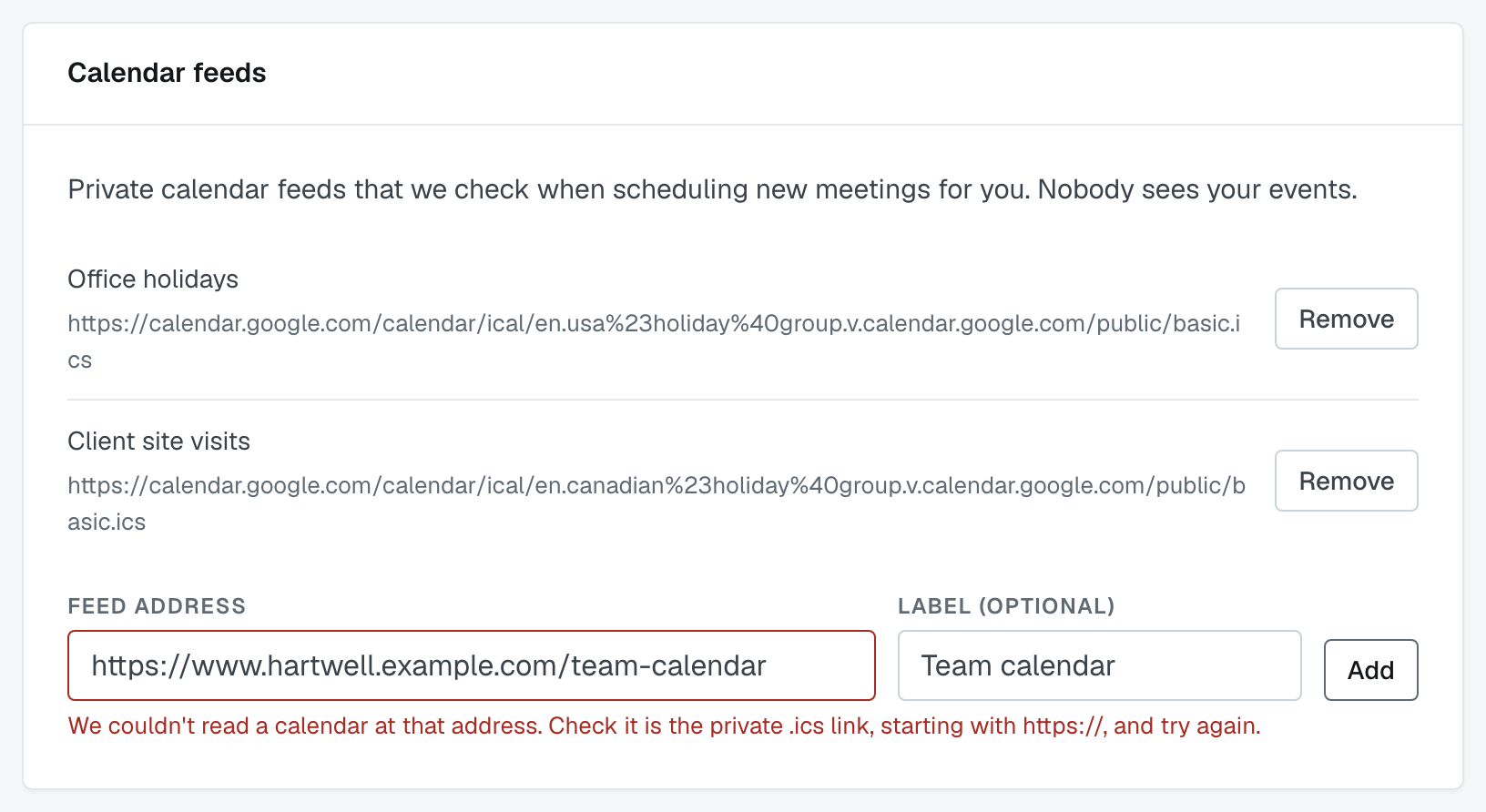 The Calendar feeds card with an address refused and the reason shown in red under the Feed address box