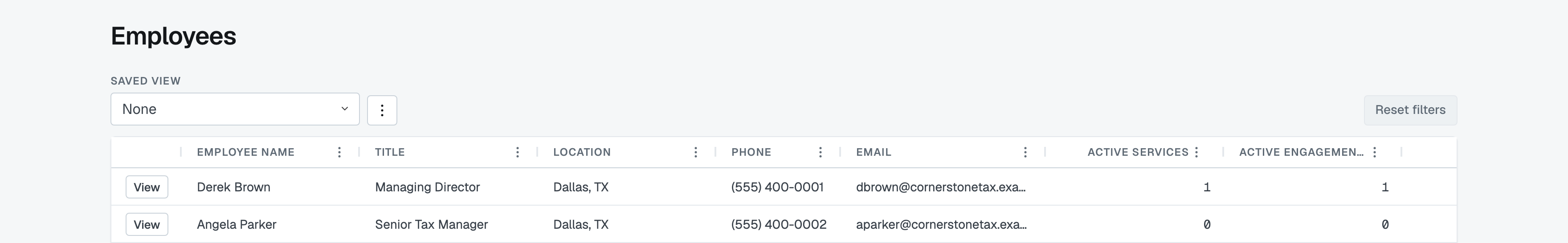 The Employees list: the Saved view control and a greyed-out Reset filters above, and the grid with each person's title, location, contact details and workload counts