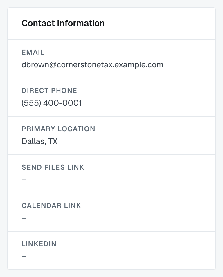 The Contact information card, with a filled-in email and phone and a dash against anything unset