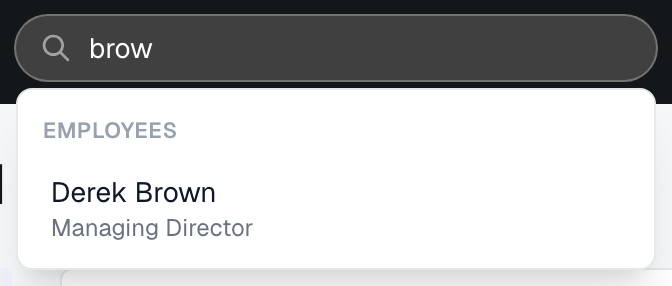 The top-bar Search box open on part of a name, with the matches gathered under Employees