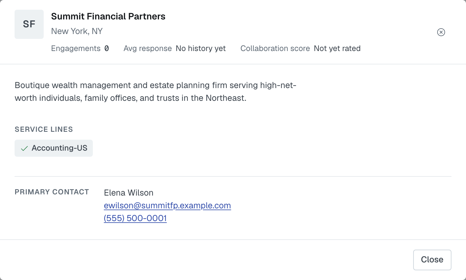The firm profile card opened from a request, showing the firm's Primary contact with their name, email link and phone link
