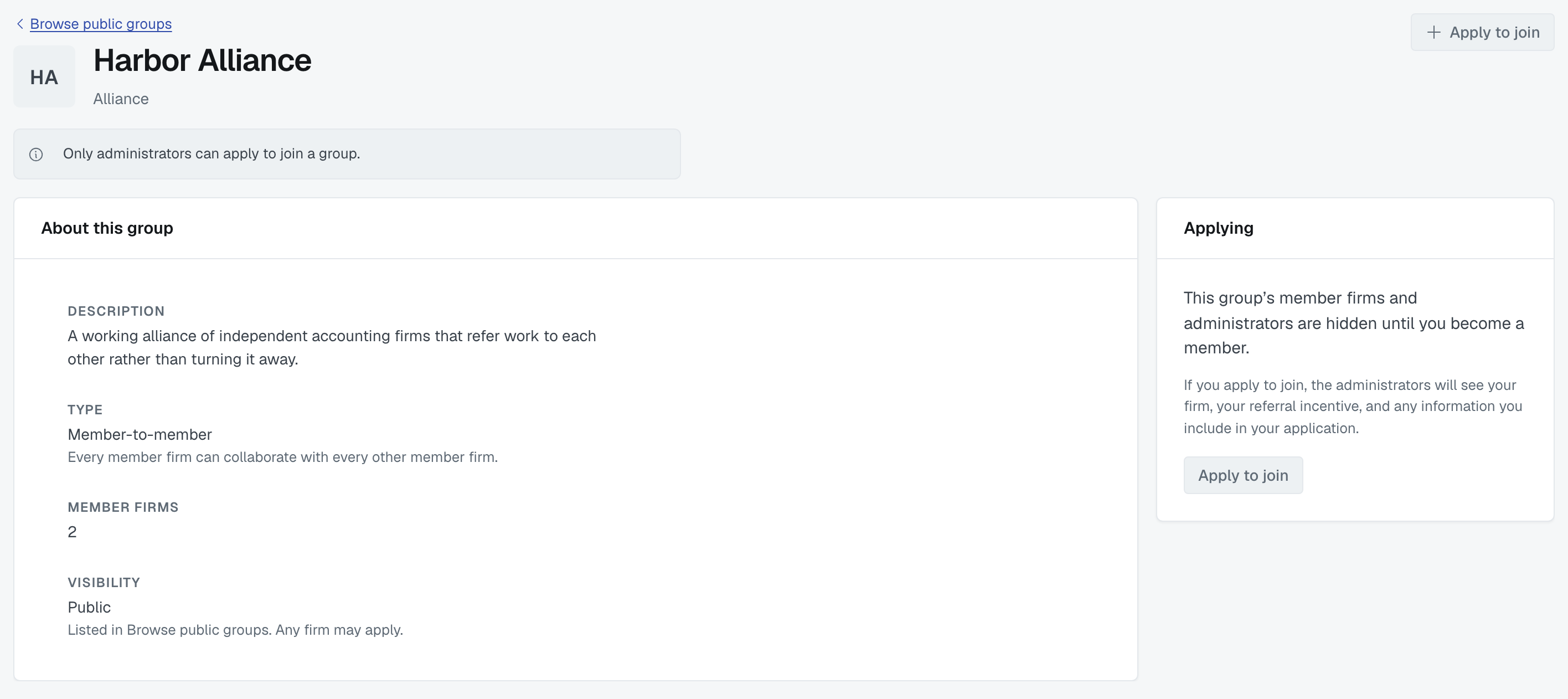 A group's preview seen by a non-administrator, with both Apply to join buttons greyed out and the note that only administrators can apply to join a group
