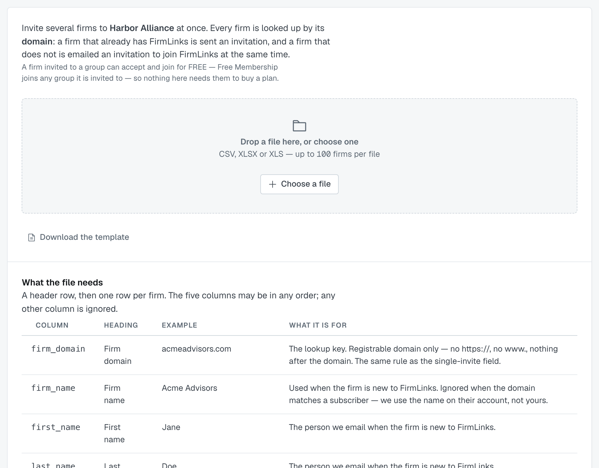 Uploading a list of firms to invite
