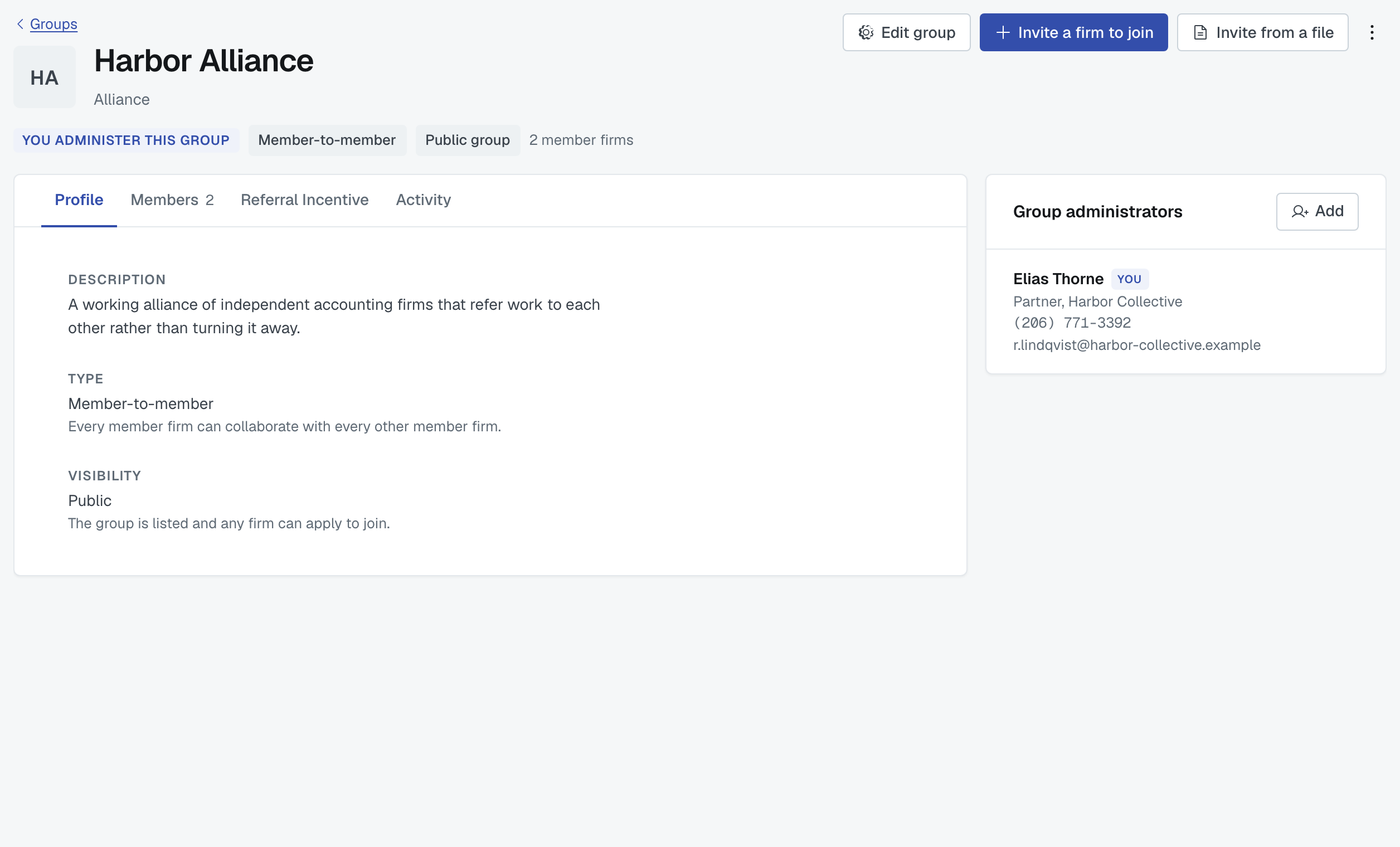 A group you host: its name, type, visibility and member count, with the Profile tab showing the group's administrators