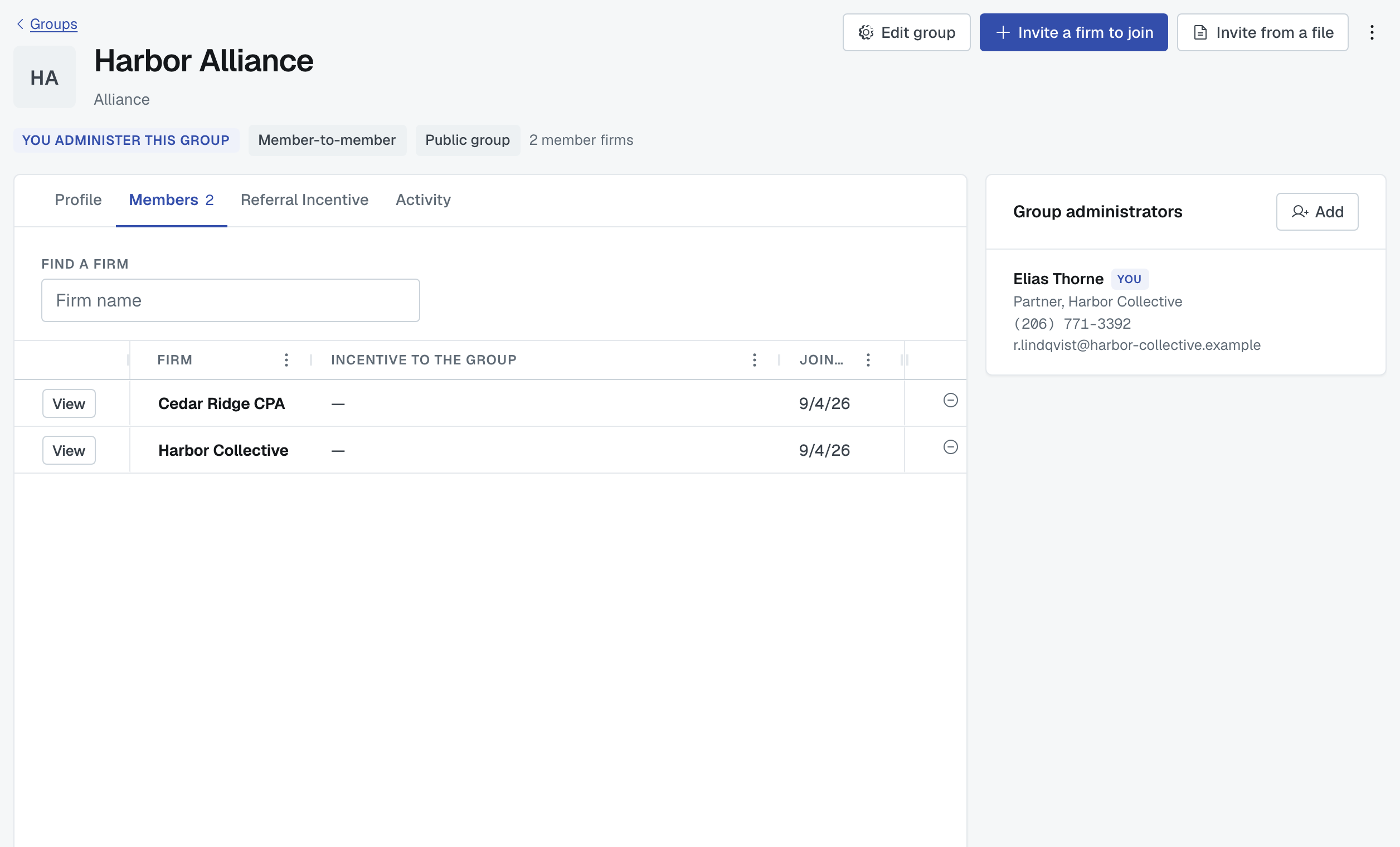 The Members tab: every member firm, the incentive it offers the group, and the date it joined