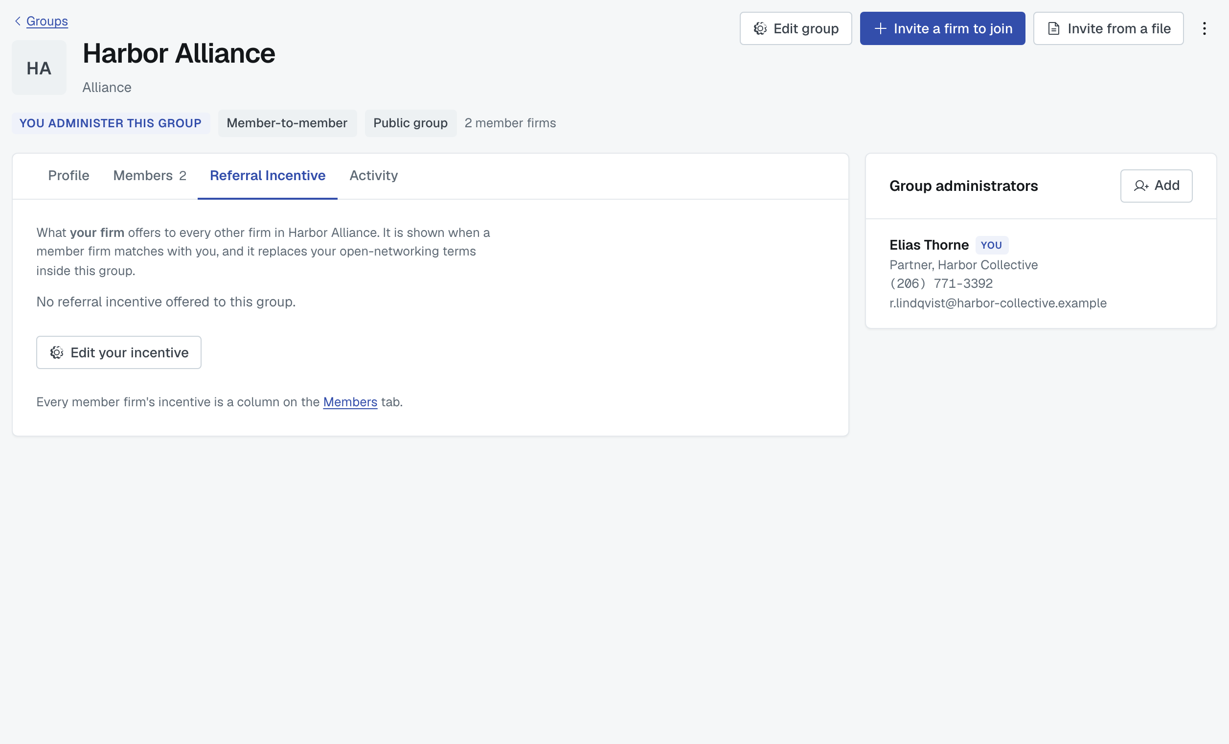 The Referral Incentive tab: the terms your own firm offers to the rest of the group