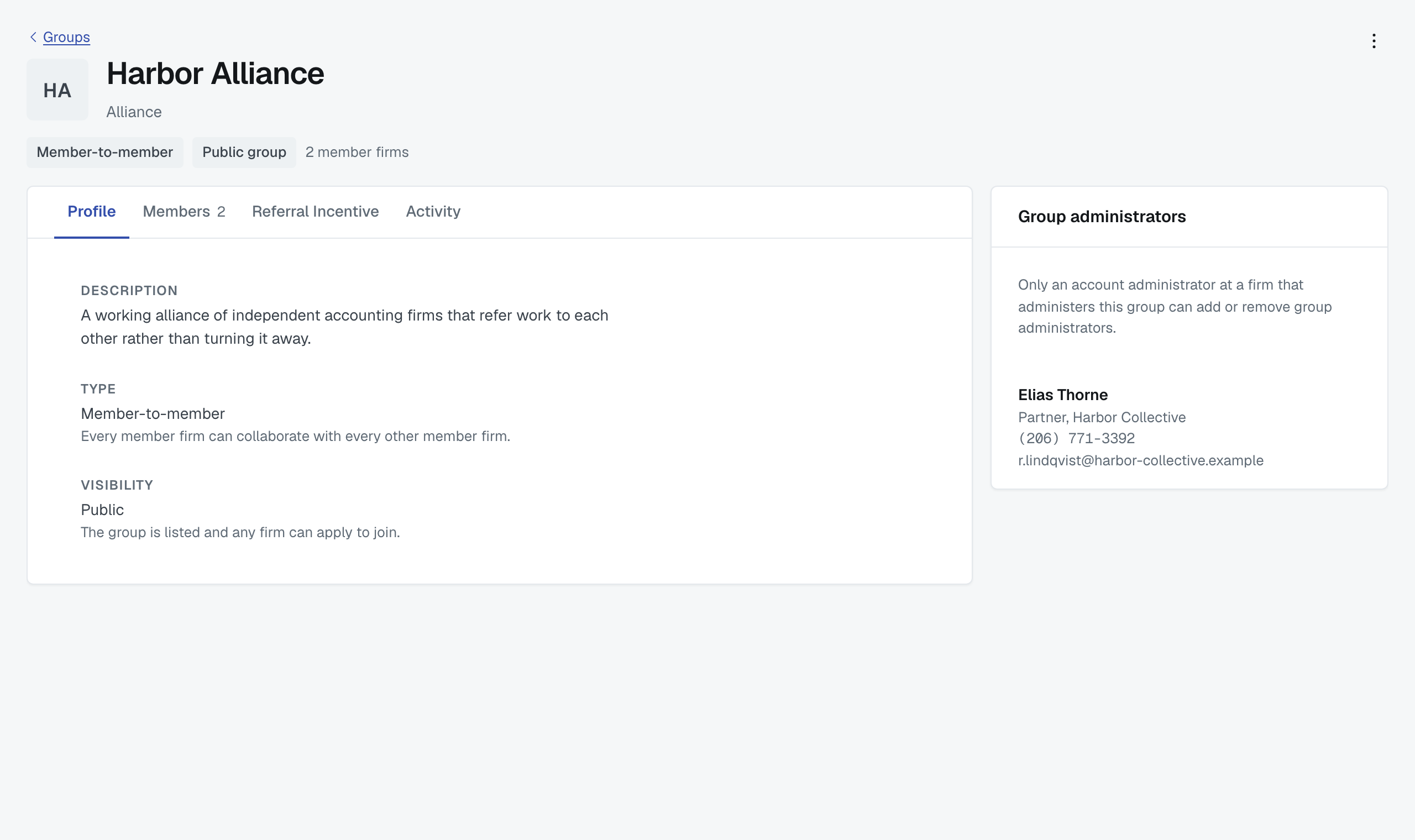 The same group seen by a member firm rather than the host: no Requests tab, and no Edit group or Invite buttons